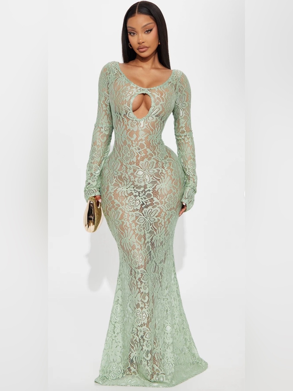 Fashion Nova Cherie Lace Mint Lace Long-Sleeve Keyhole Mermaid Gown